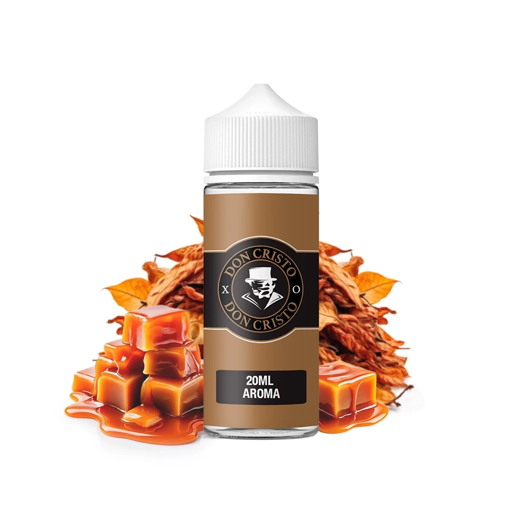 Bote Don Cristo XO con etiqueta marrón de 20 ml de aroma y tapón blanco, delante de hojas secas y dados de caramelo.