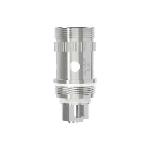 Resistencia Eleaf EC Coil plateada, con extremos roscados, abertura lateral circular e inscripción de 0,3 Ω y 30–80 W.