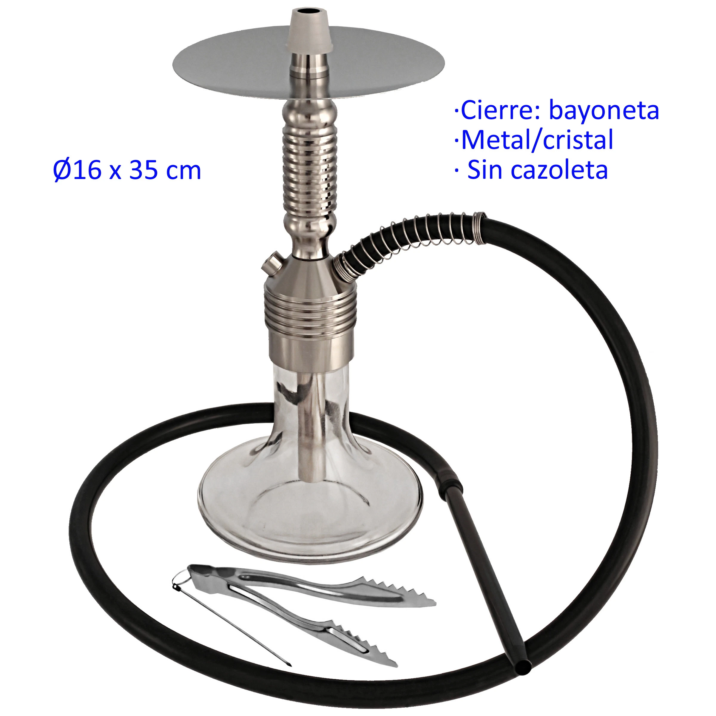 Shisha plateada con base transparente, plato superior, manguera negra y pinzas; el texto indica cierre de bayoneta y sin cazoleta.