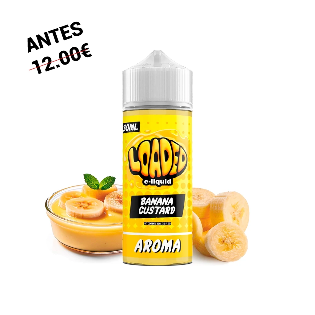 Frasco Loaded de 30 ml con etiqueta amarilla Banana Custard y tapón blanco, acompañado de rodajas de plátano y un cuenco de crema.