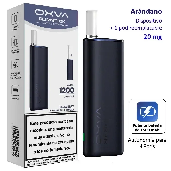 OXVA SlimStick azul oscuro con boquilla blanca junto a su caja Blueberry, con indicaciones de 20 mg y batería de 1500 mAh.