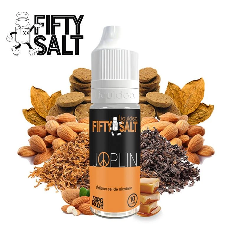Frasco Joplin Fifty Salt de 10 mg con etiqueta negra y naranja, rodeado de almendras, galletas, hojas y montones de tabaco.