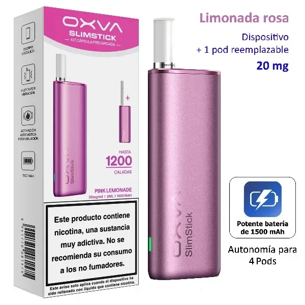 OXVA SlimStick rosa con boquilla blanca junto a su caja Pink Lemonade, con indicaciones de 20 mg, batería de 1500 mAh y aviso sobre nicotina.