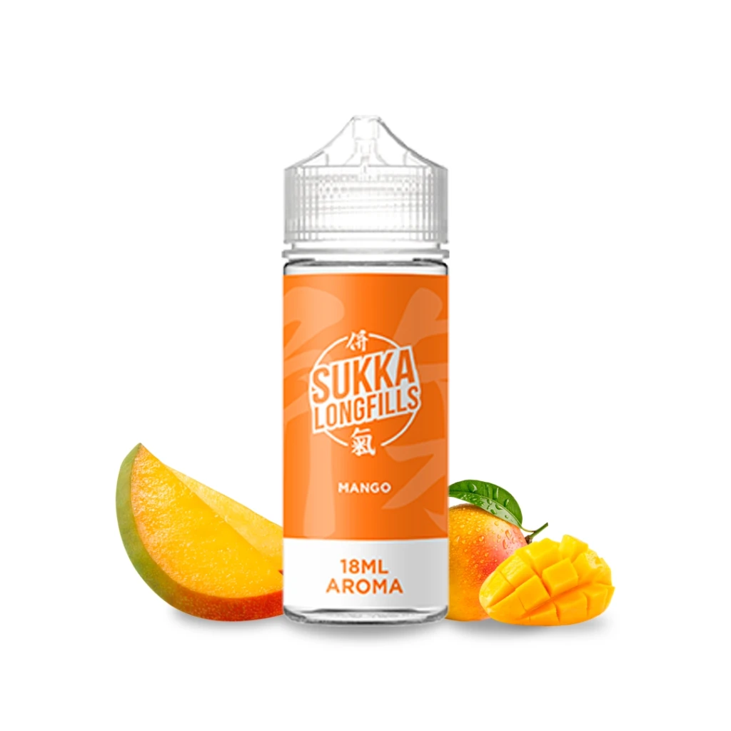 Bote Sukka Mango Longfill con etiqueta naranja de 18 ml y tapón transparente, rodeado de trozos de mango sobre fondo blanco.