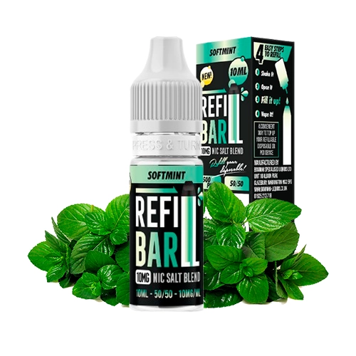Frasco Refill Bar Salts Soft Mint de 10 ml con tapón blanco y etiqueta verde y negra, junto a su caja y hojas de menta.
