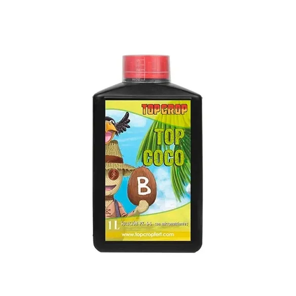 Botella negra de Top Coco B de Top Crop con tapón rojo y etiqueta verde ilustrada, marcada con la letra B y 1 L.
