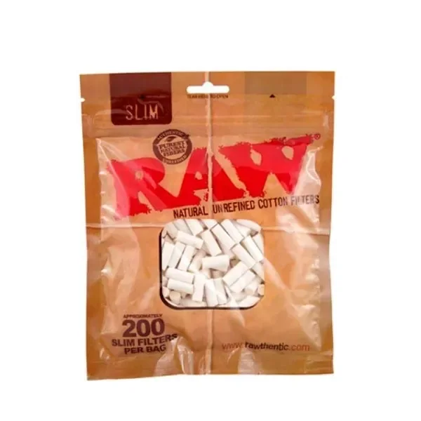 Bolsa marrón de filtros RAW Cotton Slim, con ventana que muestra filtros blancos y texto que indica aproximadamente 200 por bolsa.