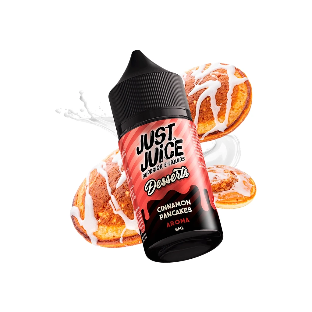 Frasco inclinado de Just Juice Desserts Cinnamon Pancakes, con tapón negro y etiqueta roja de aroma de 6 ml, rodeado de tortitas con glaseado.