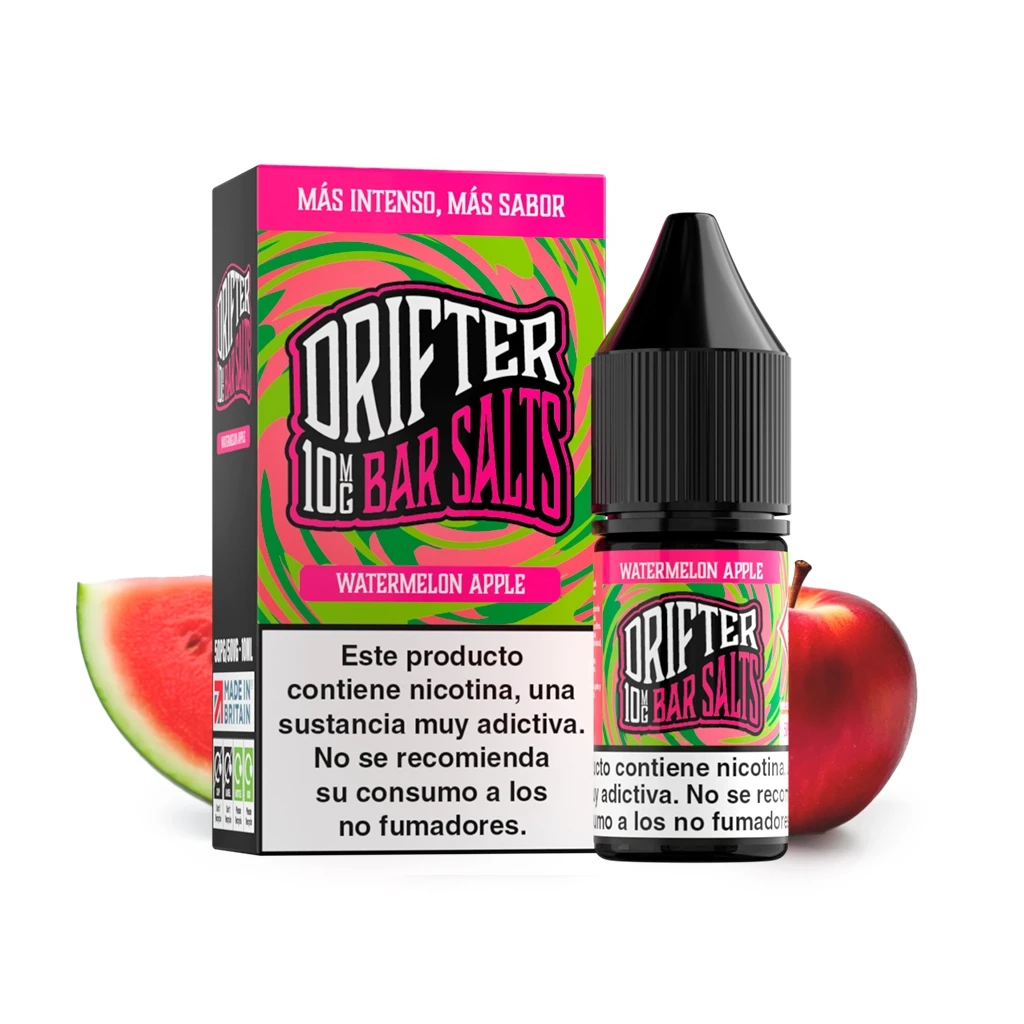 Caja y frasco de Drifter Bar Salts Watermelon Apple, con diseño verde y rosa y advertencia de nicotina, junto a sandía y manzana.