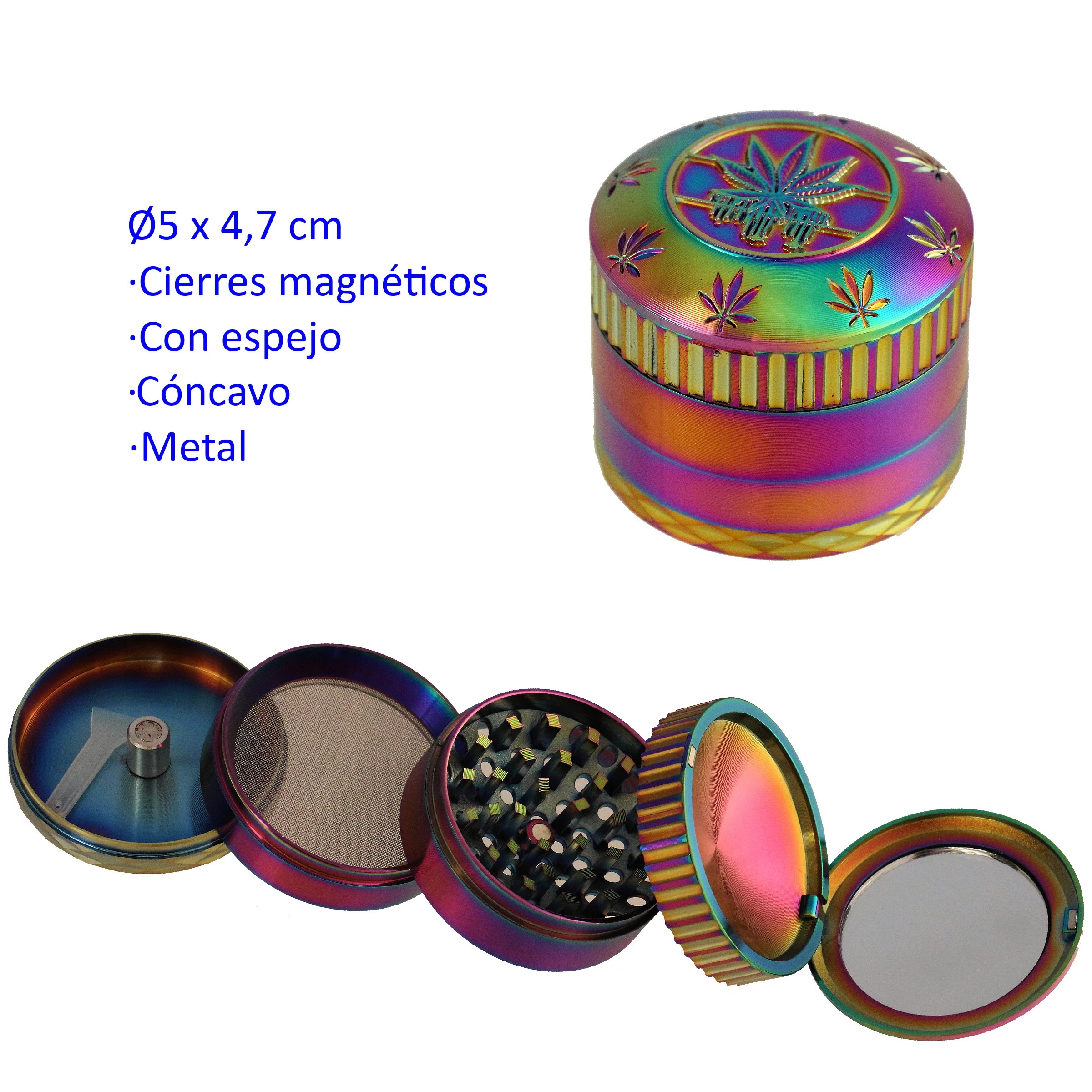 Grinder María de acabado multicolor irisado, mostrado cerrado y desmontado, con hojas de cannabis, dientes, tamiz y espejo.