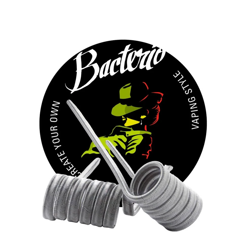 Resistencias Bacterio Coils de espiras plateadas y patillas alargadas ante un logotipo circular negro con figura verde y roja.