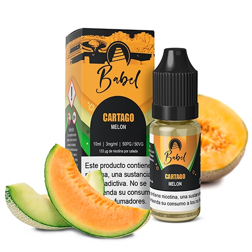 Bote de Babel Cartago con tapón negro y su caja, ambos con la palabra Melon, rodeados de rodajas de melón sobre fondo blanco.