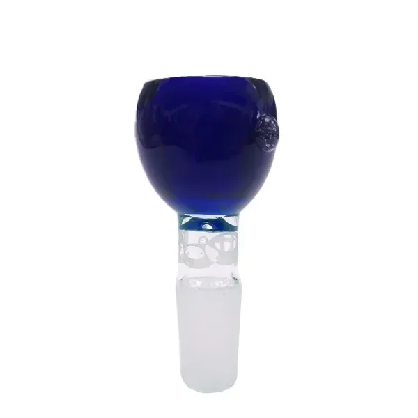 Cazoleta de cristal para bong con recipiente redondeado azul oscuro y conexión inferior translúcida, sobre fondo blanco.