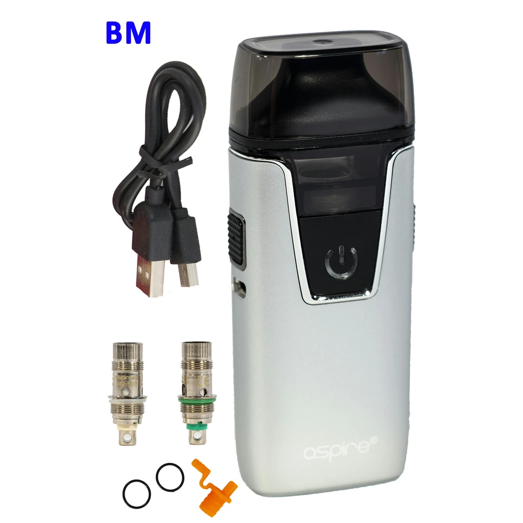 Aspire Nautilus AIO plata con parte superior negra y botón de encendido, acompañado de cable USB, resistencias, juntas y pieza naranja.