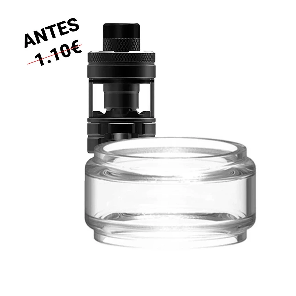 Cristal de repuesto abombado Wirice By Hellvape Launcher en primer plano, con un atomizador negro detrás sobre fondo blanco.