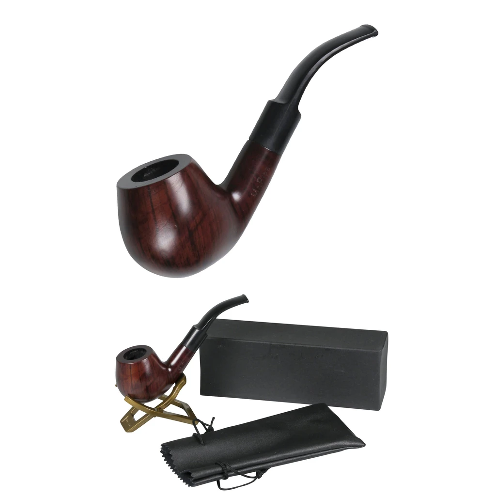 Pipa Mr. Pipe de madera marrón con boquilla negra curva, mostrada en detalle y junto a un soporte, una caja y una funda negra.
