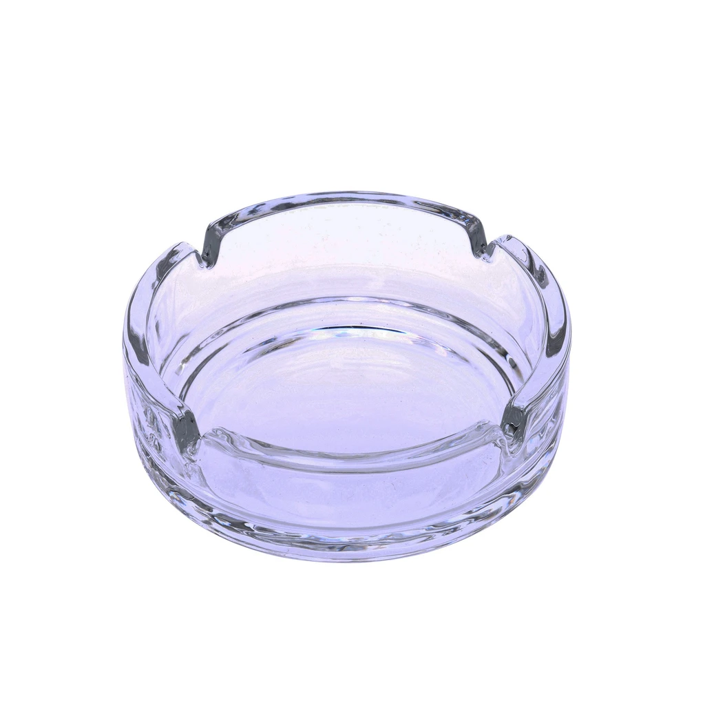 Cenicero circular de cristal transparente, visto en perspectiva, con paredes gruesas y muescas en el borde para apoyar cigarrillos.