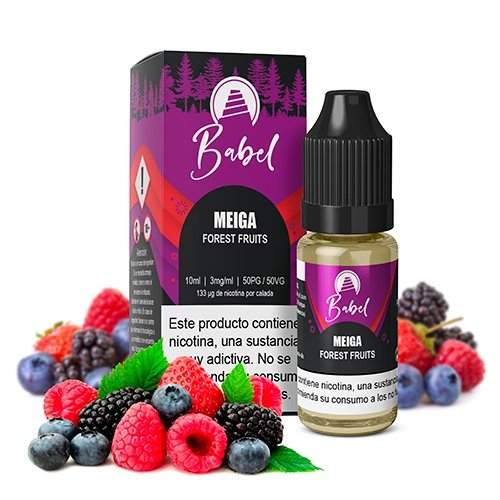 E-líquido Meiga de Babel en frasco con tapón negro y caja morada, rodeado de fresas, frambuesas, moras y arándanos.