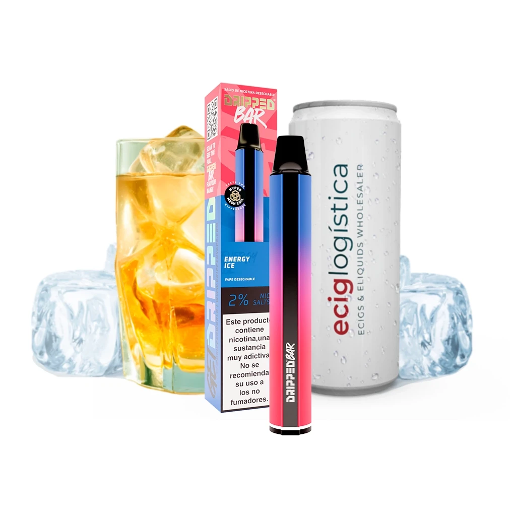 Vapeador Dripped Bar Energy Ice azul y rosa junto a su caja, con una lata, un vaso de bebida amarilla y cubitos de hielo al fondo.