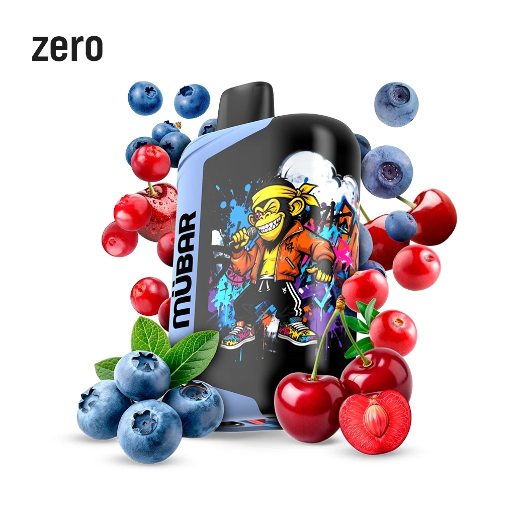 Vaper Mübar negro y azul con un mono ilustrado, rodeado de arándanos y cerezas sobre fondo blanco, con el texto «zero».