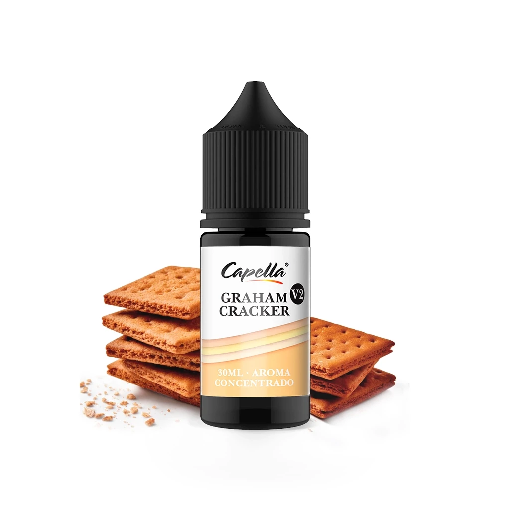 Frasco Capella Graham Cracker V2 de 30 ml con tapón negro, delante de varias galletas apiladas sobre fondo blanco.