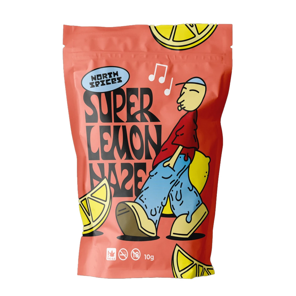 Bolsa coral de North Spices Super Lemon Haze, con personaje ilustrado, dibujos de limones y la indicación de 10 g.