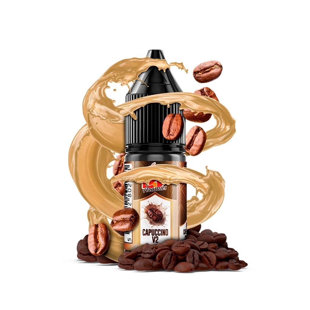 Frasco de Oil4Vap Aroma Capuccino V2 con tapón negro, rodeado de granos de café y una espiral ilustrada de líquido beige.
