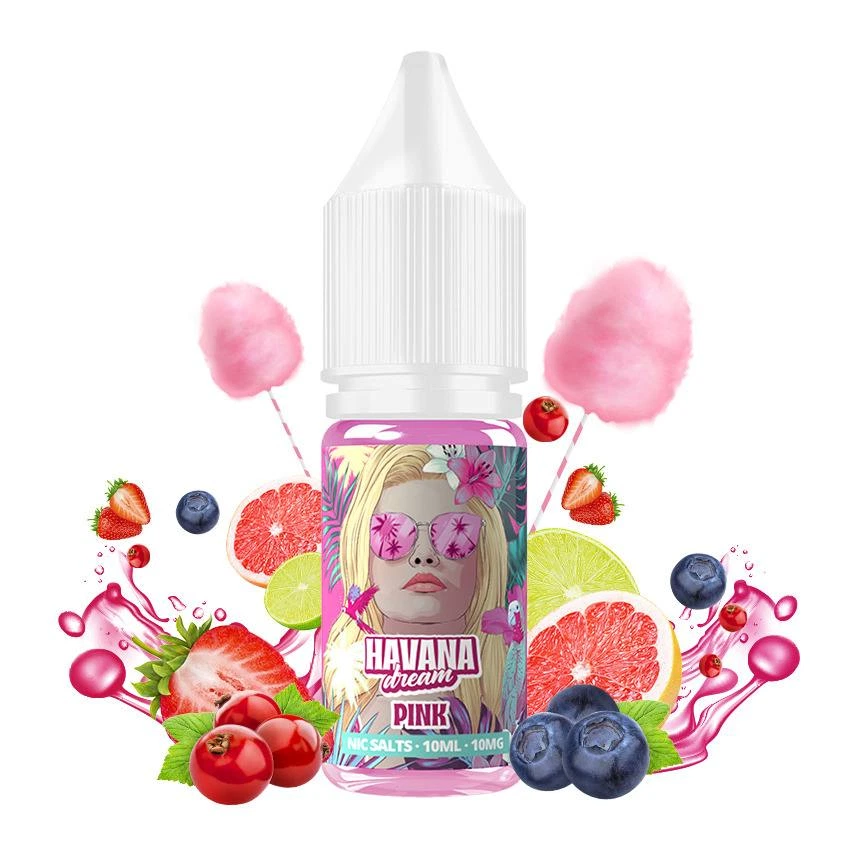 Frasco de Havana Dream Pink con tapón blanco y etiqueta ilustrada, rodeado de fresas, cítricos, arándanos y algodón de azúcar rosa.