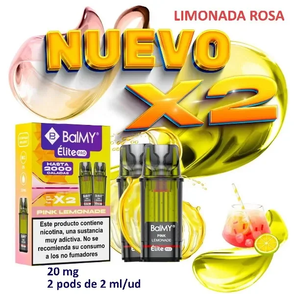 Pods BALMY ÉLITE PRO Pink Lemonade junto a su caja, con indicaciones de 20 mg y 2 ml por unidad, sobre un fondo amarillo y rosa.