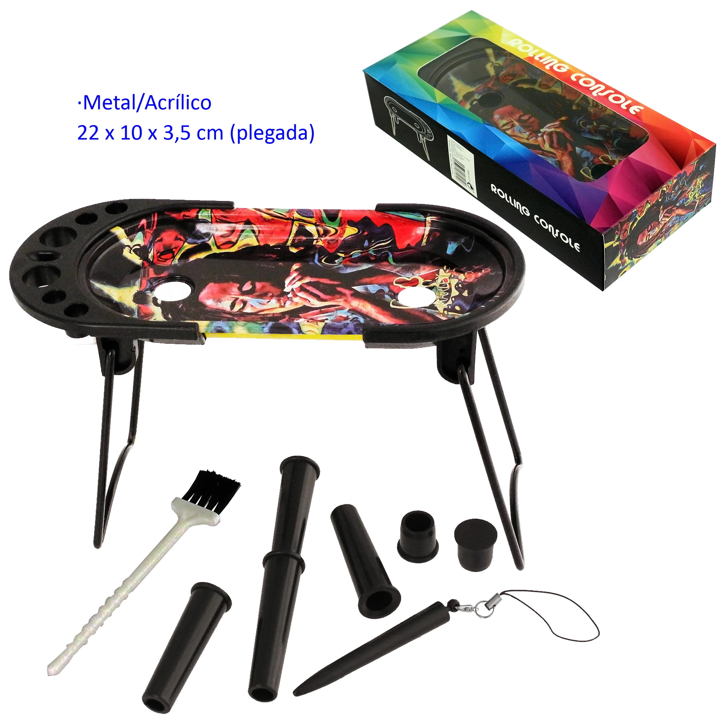 Set fumador con bandeja ilustrada de patas plegables, accesorios negros, cepillo y caja con ventana sobre fondo blanco.