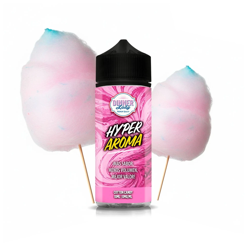Bote Dinner Lady Hyper Aroma Cotton Candy con etiqueta rosa y tapón negro, flanqueado por algodones de azúcar rosas con toques azules.