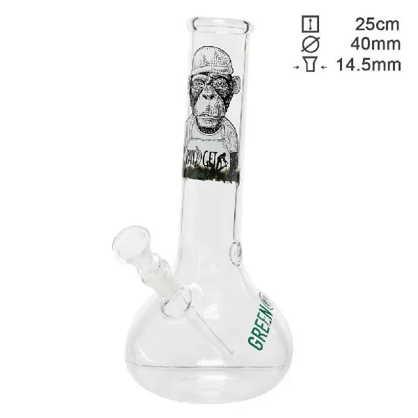 Bong de cristal transparente de 25 cm con base ensanchada, cazoleta lateral y dibujo de un simio con gorra en el tubo.