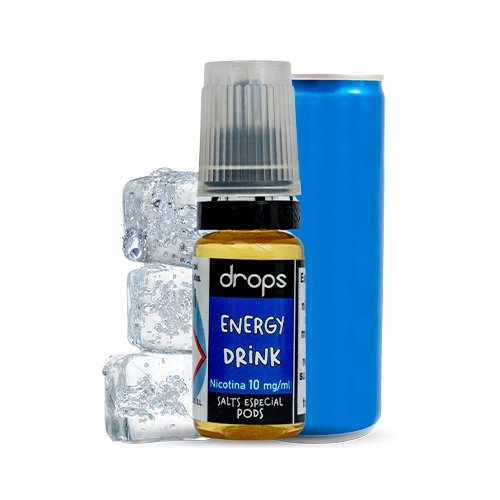 Frasco Drops Energy Drink con tapón gris y etiqueta azul que indica nicotina 10 mg/ml, junto a cubitos de hielo y una lata azul.