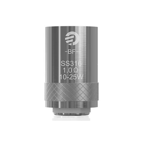 Resistencia cilíndrica Joyetech BF con acabado plateado, banda grabada en rombos e inscripción SS316, 1.0 Ω y 10-25 W.