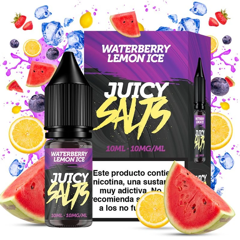 Frasco y caja Waterberry Lemon Ice de Juicy Salts, con etiqueta de 10 mg/ml, rodeados de sandía, cítricos, bayas y cubitos de hielo.