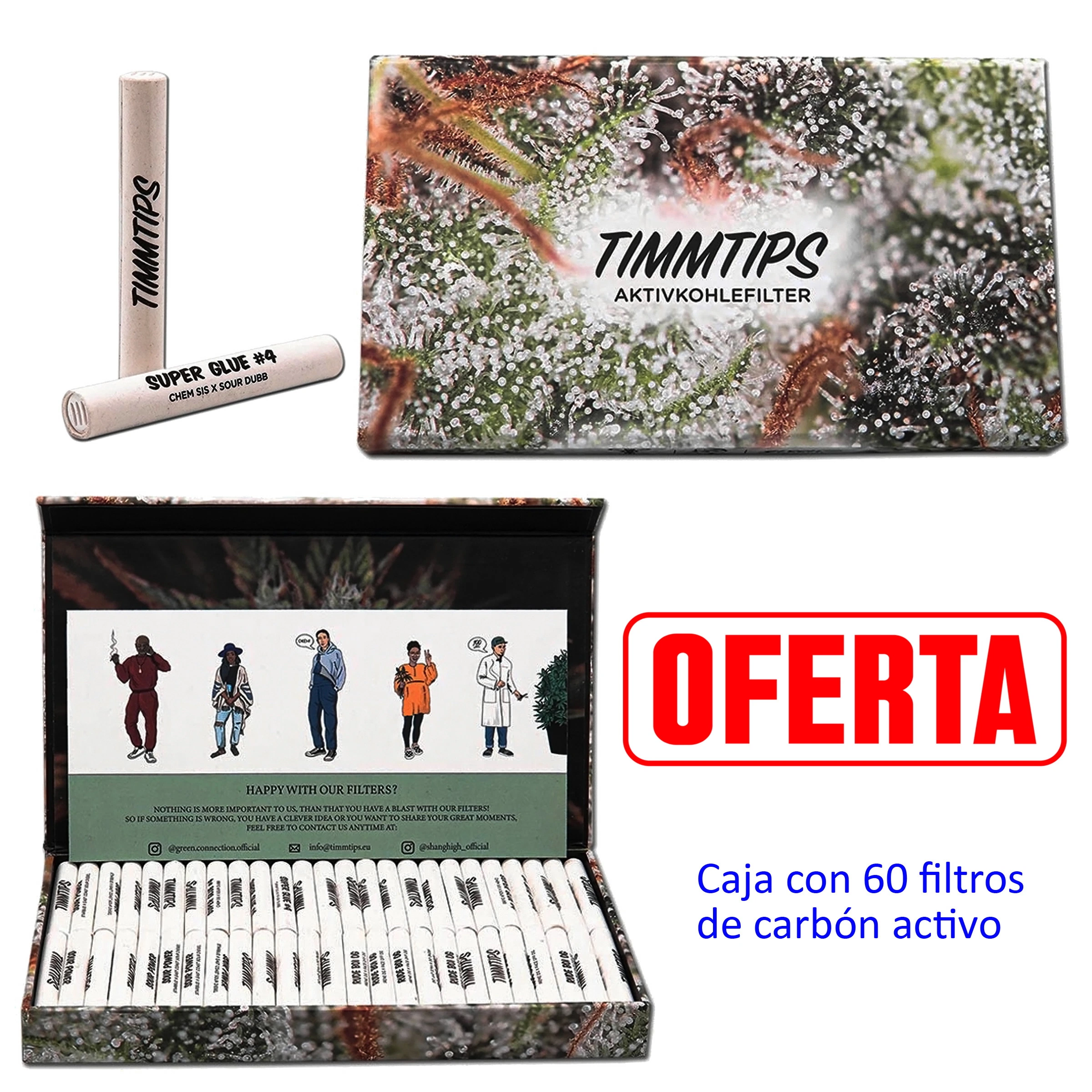 Filtros cilíndricos blancos TIMMTIPS junto a una caja cerrada y otra abierta, con diseño vegetal y texto «60 filtros de carbón activo».