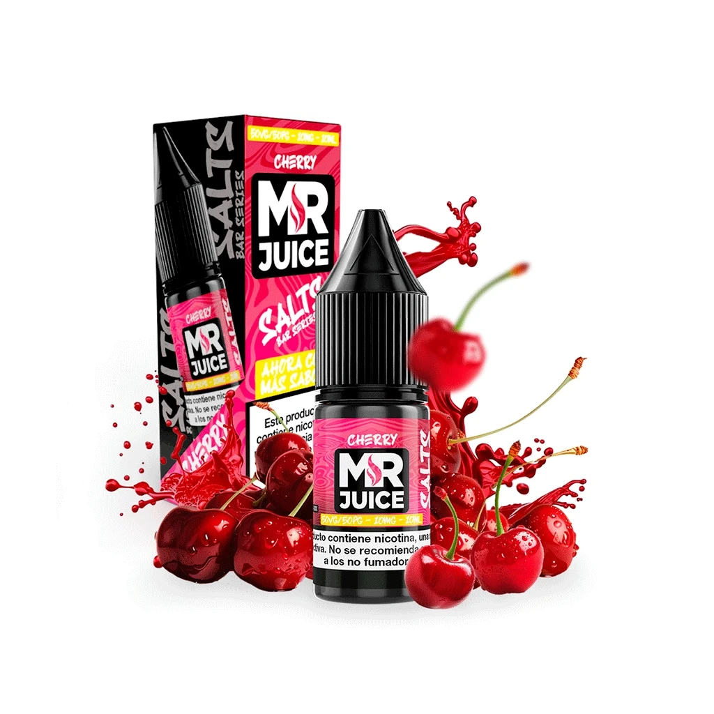 Frasco de Mr Juice Salts Cherry con tapón negro junto a su caja rosa, rodeado de cerezas y salpicaduras rojas.