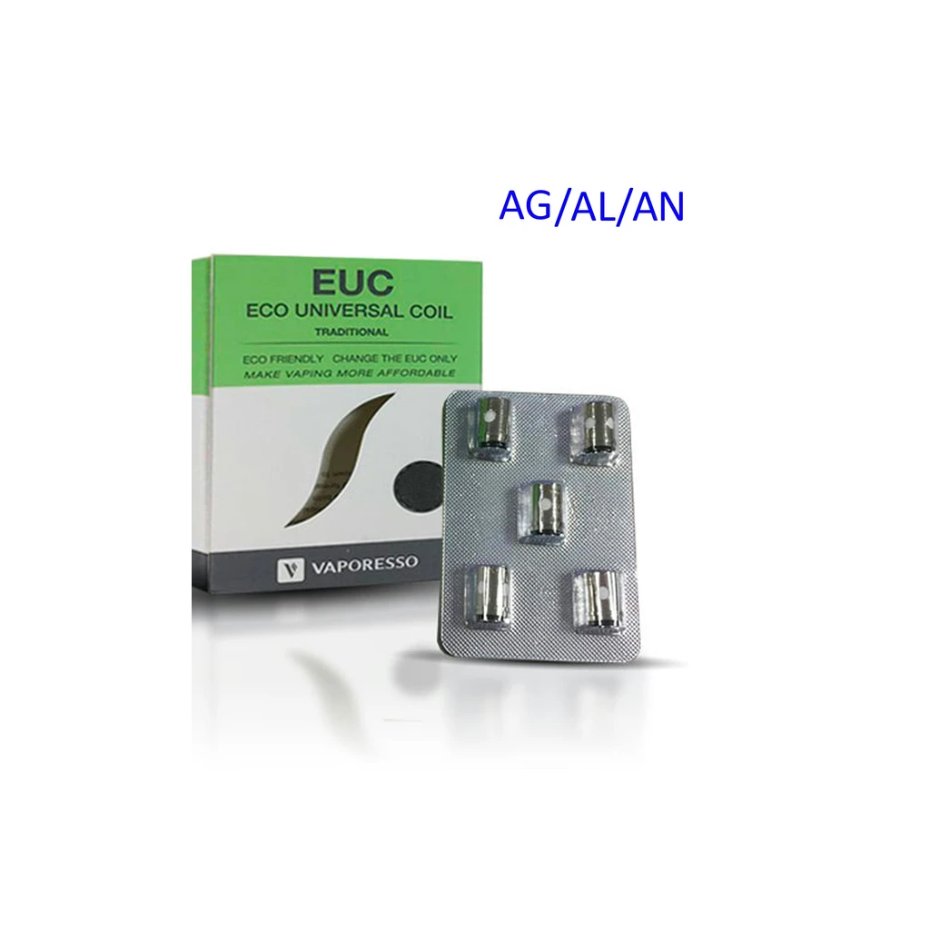 Bobinas Vaporesso EUC en un blíster junto a su caja verde y blanca, rotulada «Eco Universal Coil Traditional», con texto «AG/AL/AN».