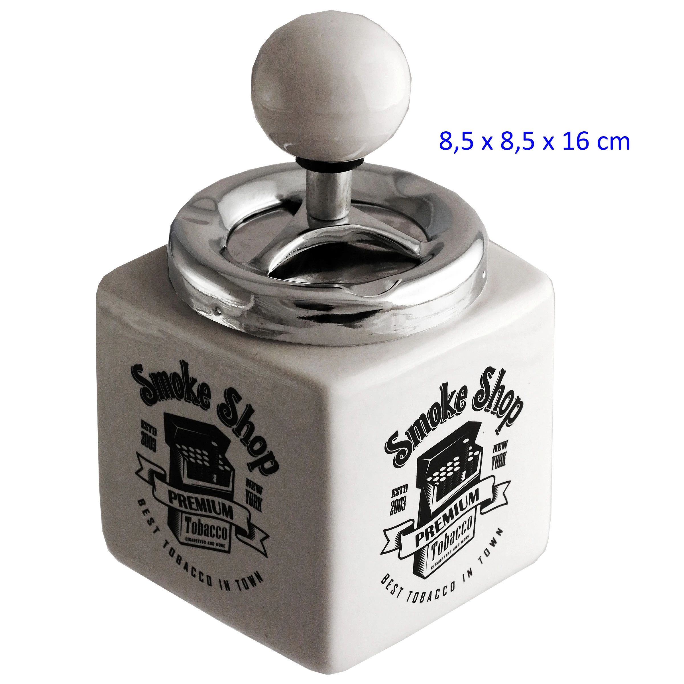 Cenicero de mesa Smoke Shop Premium con base cuadrada blanca, estampado negro, tapa metálica brillante y pulsador esférico blanco.