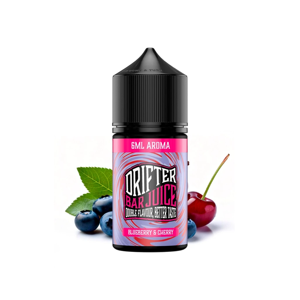 Frasco Drifter Bar Juice Blueberry & Cherry con tapón negro y etiqueta rosa, acompañado de arándanos, una cereza y hojas verdes.