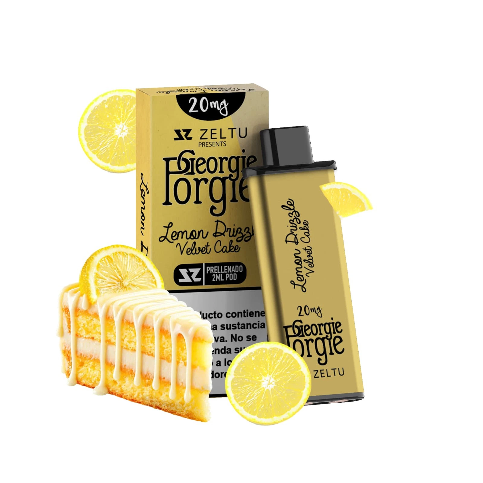 Pod amarillo Georgie Porgie Lemon Drizzle Velvet Cake 20 mg junto a su caja, rodeado de rodajas de limón y pastel con glaseado.