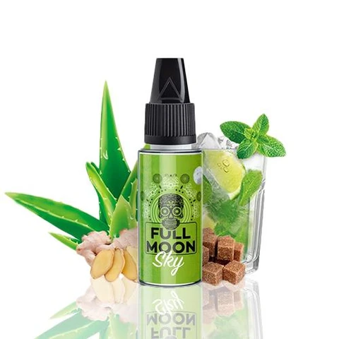 Frasco de Full Moon Sky con etiqueta verde y tapón negro, rodeado de aloe, jengibre, terrones de azúcar y un vaso con lima y menta.