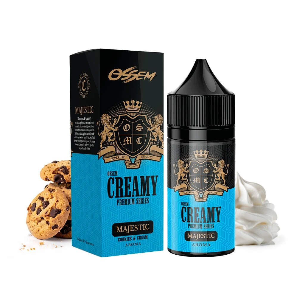 Frasco y caja de Ossem Majestic Cookies & Cream en negro y azul, con galletas con pepitas de chocolate y una espiral de crema al fondo.
