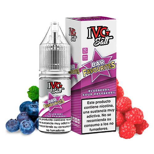 Frasco y caja de IVG Bar Favourites Blueberry Sour Raspberry, con etiquetas rosas, advertencia sobre nicotina y frutos alrededor.