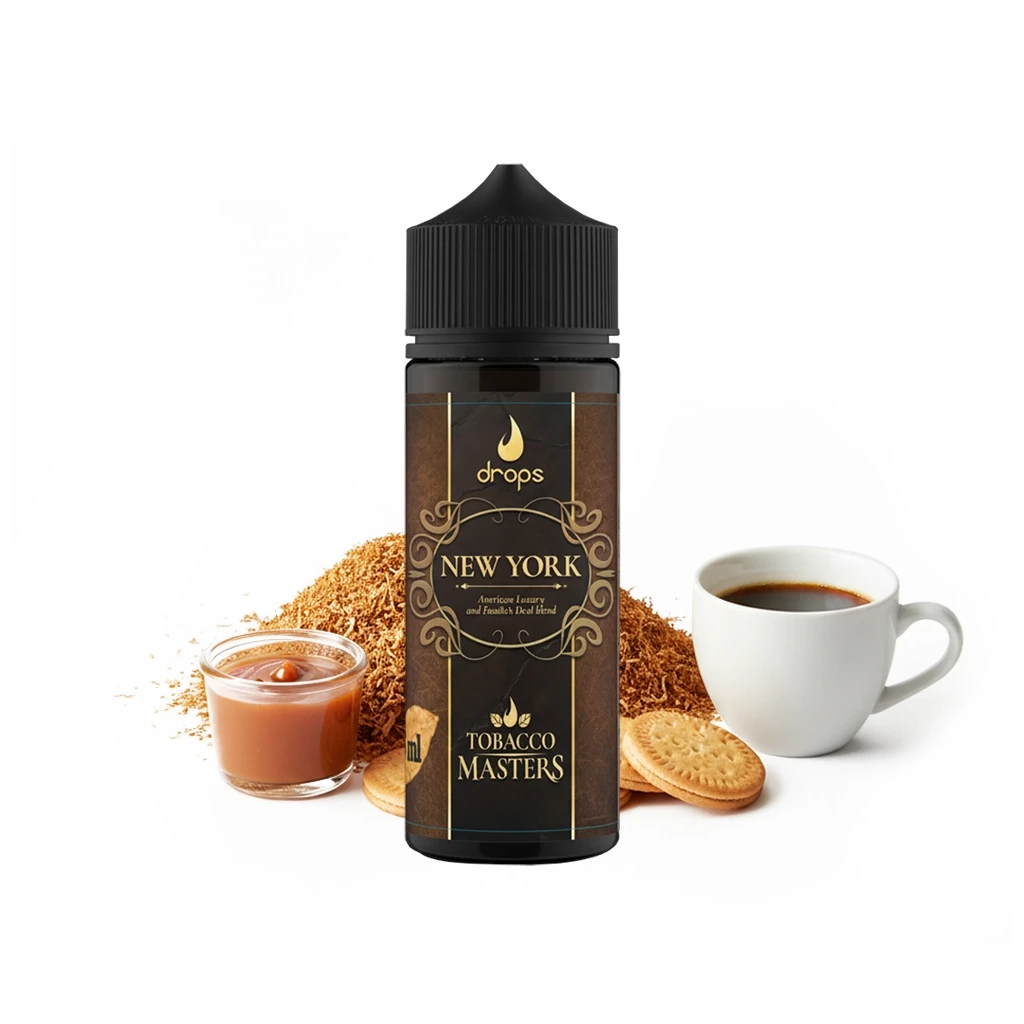 Frasco Drops Tobacco Masters New York con tapón negro, junto a tabaco, galletas, una taza de café y un recipiente con caramelo.