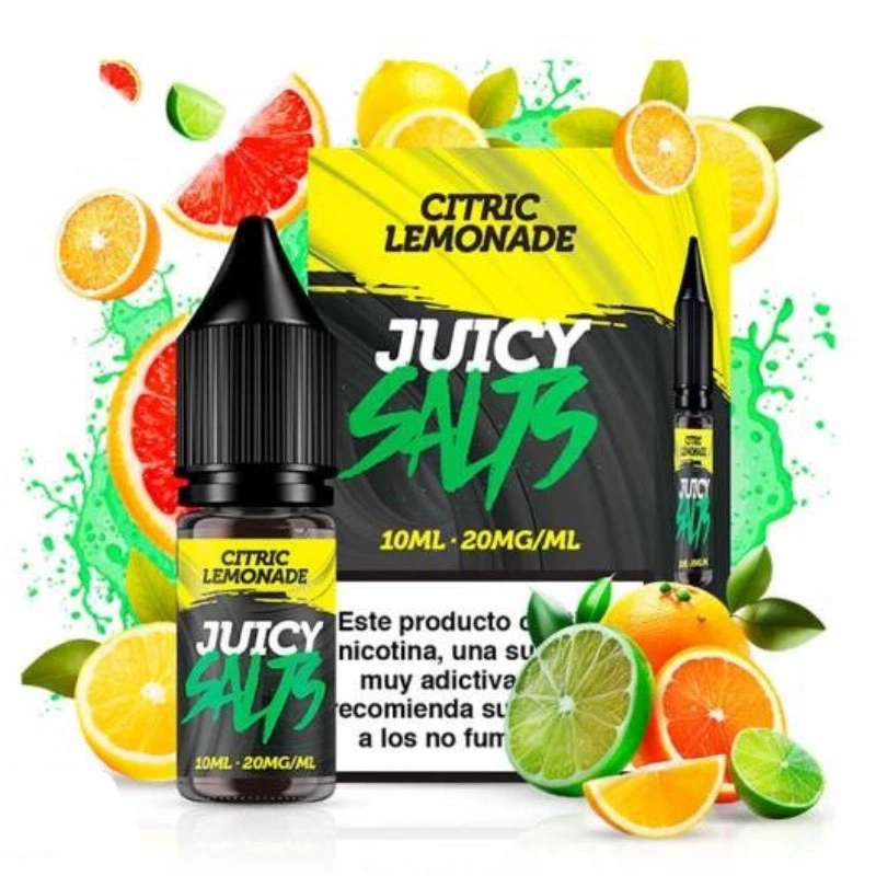 Frasco y caja de Citric Lemonade de Juicy Salts, con etiqueta de 10 ml y 20 mg/ml, rodeados de cítricos y salpicaduras verdes.
