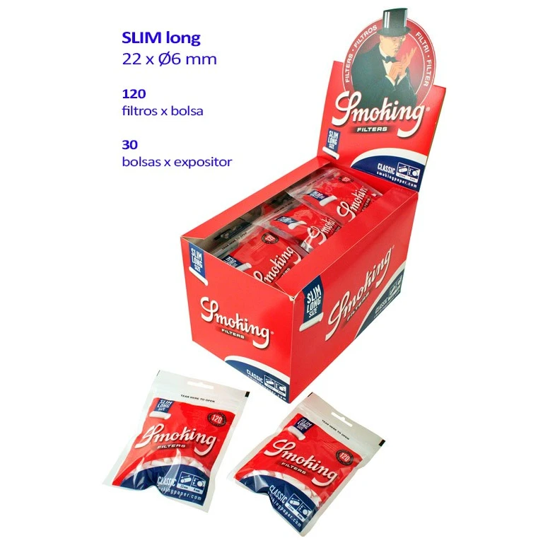 Expositor rojo de filtros Smoking Classic Slim Long con bolsas en su interior y varias bolsas sueltas sobre fondo blanco. Expositor rojo de filtros Smoking Classic Slim Long con bolsas en su interior y varias bolsas sueltas sobre fondo blanco.