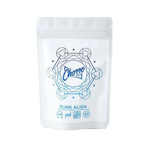 Bolsa blanca resellable de Charro Coils Punk Alien, con diseño geométrico circular azul y negro y etiqueta de 0,30 ohmios.