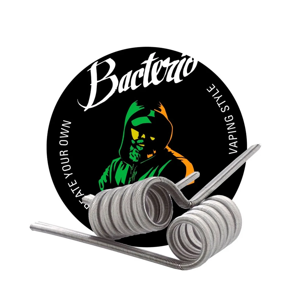 Resistencias Bacterio Coils Alien Triple Núcleo con espiras plateadas y patas largas, delante de un logotipo circular negro.