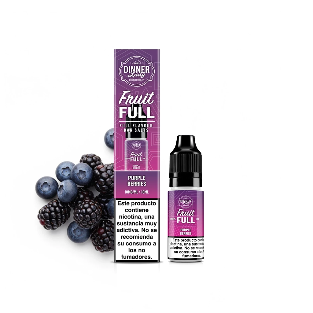 Caja morada y frasco con tapón negro de Dinner Lady Fruit Full Purple Berries, junto a arándanos y moras, con advertencia de nicotina.